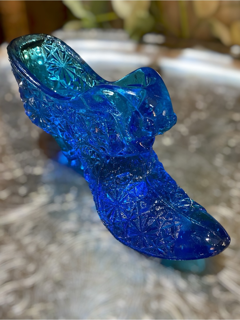 Vintage Fenton Cat Head Daisy & Button Shoe Slipper Blue Glass